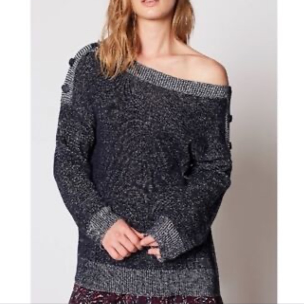 Joie Gadelle blue gray linen blend off-shoulder button detail knit sweater XS